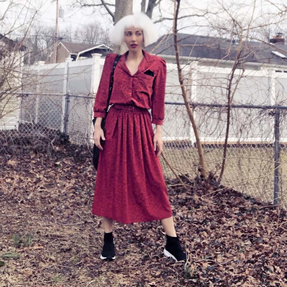 Vintage Dress Red Black Patterned Belted Maxi